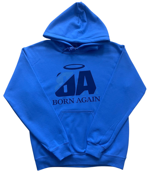 Blue hoodie with 'Born Again' text and logo on a white background